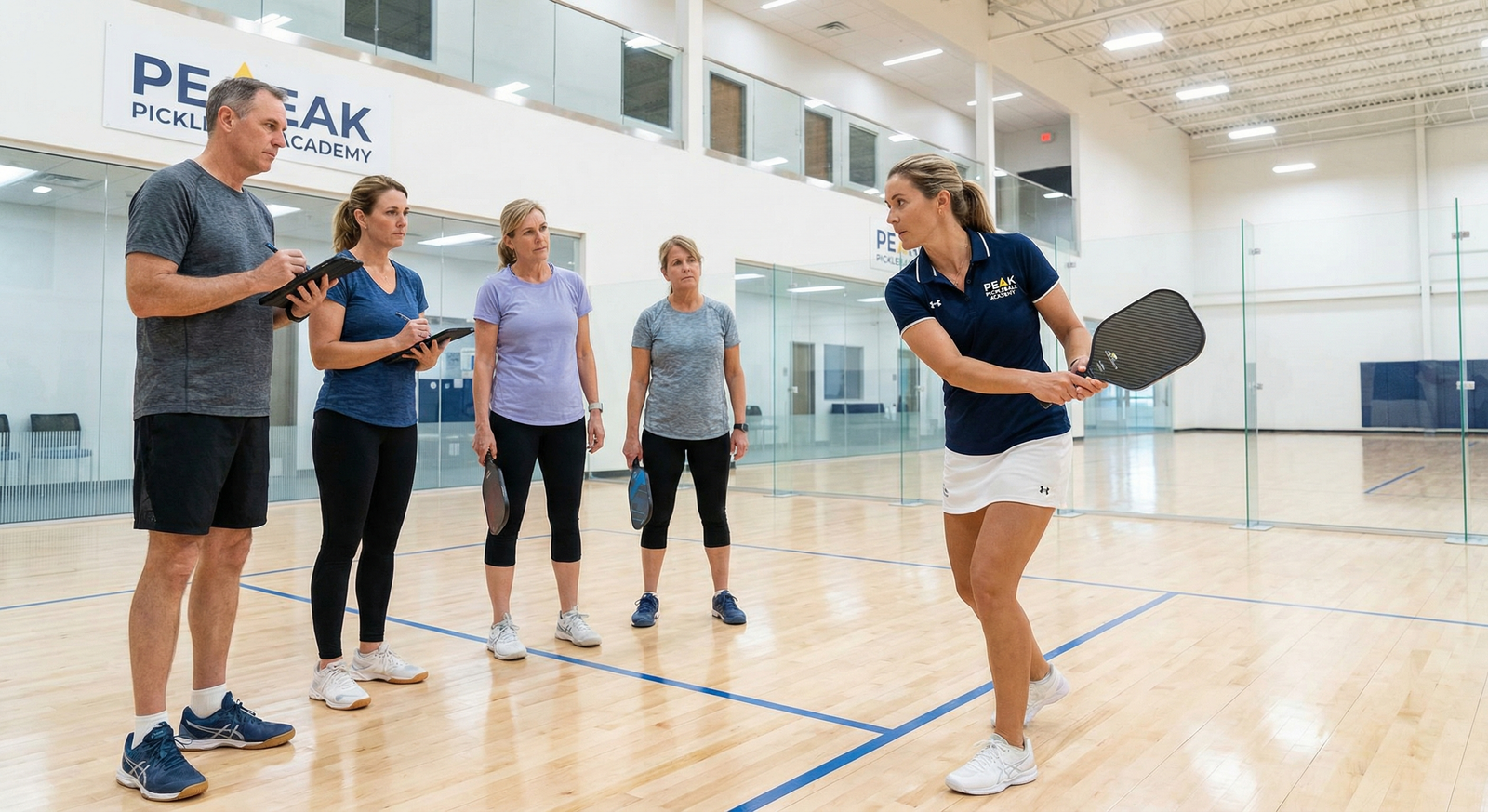 Pickleball coach demonstrating technique on an indoor court