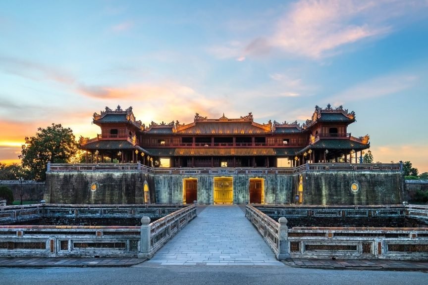 The Meridian Gate of the Imperial City in Hue at dusk